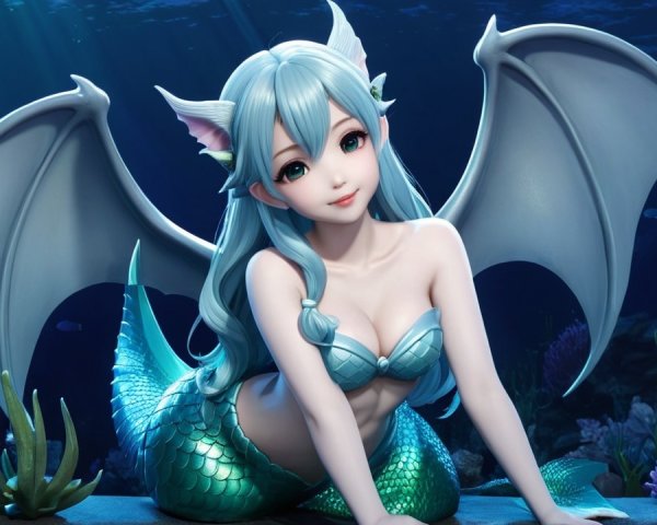 Mermaid with Turquoise Scales in Underwater Scene