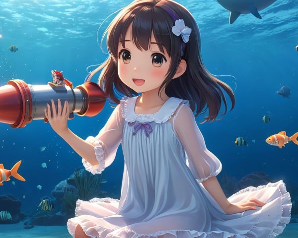 Young girl in white dress underwater with rocket launcher