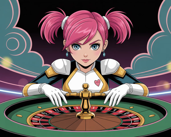 Anime Woman with Magenta Hair at Casino Roulette Wheel