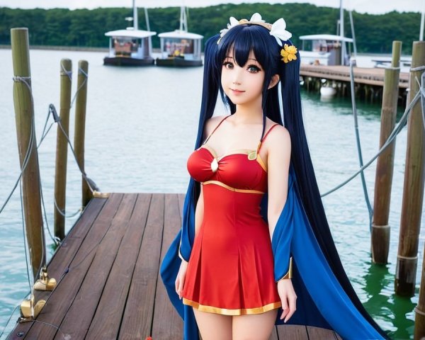 Young Woman in Red Swimsuit on Wooden Dock by Water