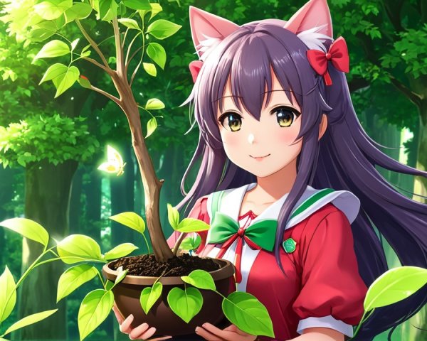 Cheerful anime girl with cat ears in a forest setting