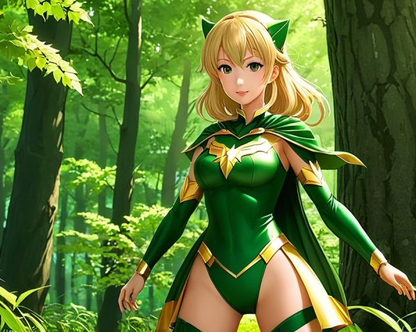 Animated Character in Green Forest with Superhero Costume