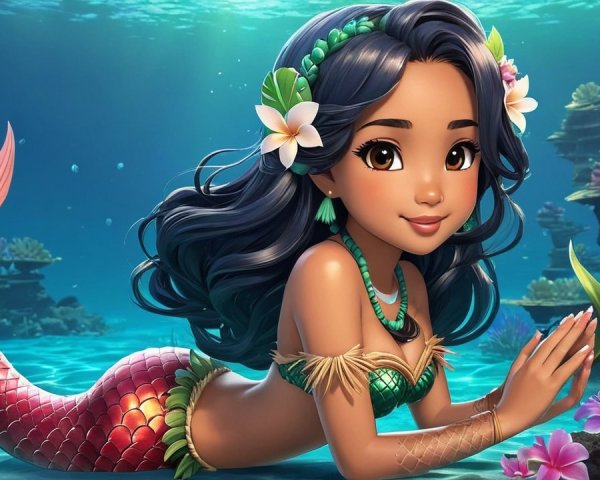Vibrant Underwater Scene with Cheerful Mermaid