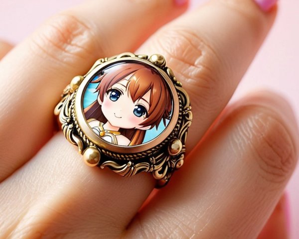 Decorative ring with animated character portrait and gold frame