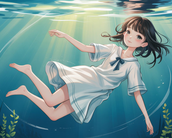 Anime Illustration of Girl Floating Underwater