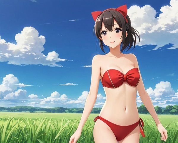 Young woman in red bikini in sunny green field
