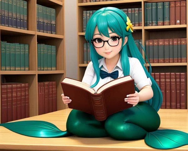 Mermaid Character Reading in a Colorful Library Setting