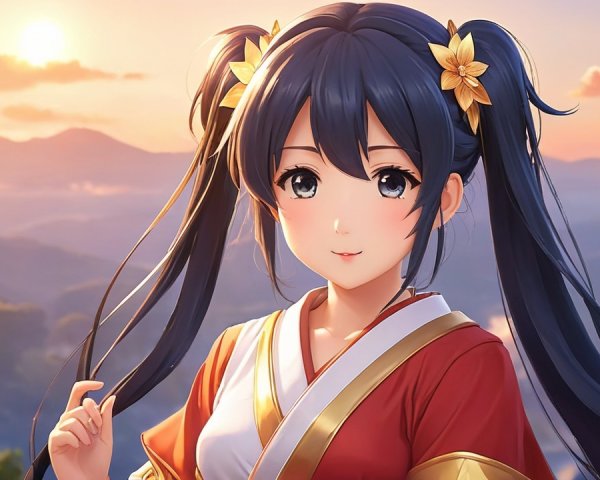 Young Woman in Traditional Outfit at Sunset Scene