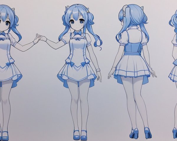 Cute anime girl character design with blue pigtails