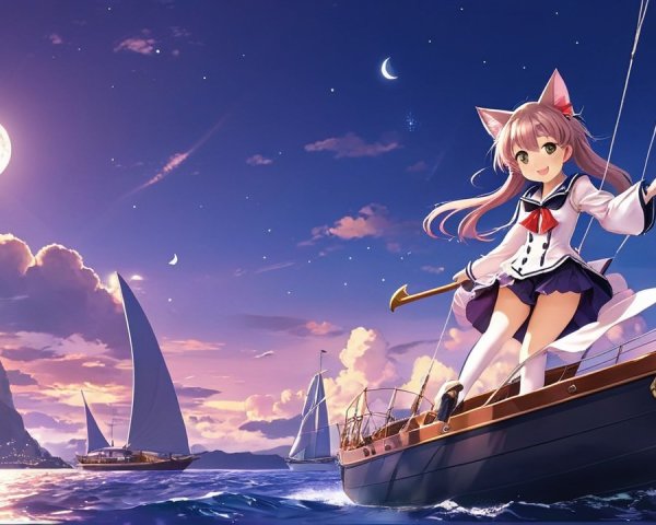 Cheerful character with cat ears sailing at twilight
