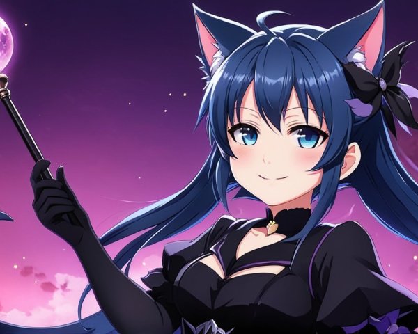 Anime Character with Blue Hair and Cat Ears in Dress