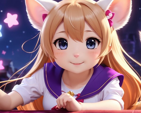 Anime girl with cat ears in sailor outfit against stars