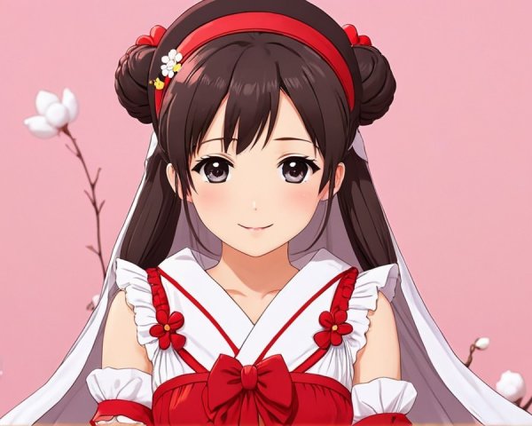 Young girl in traditional attire against pink backdrop