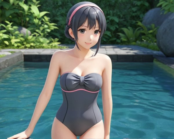 Character in Dark Swimsuit by Serene Poolside