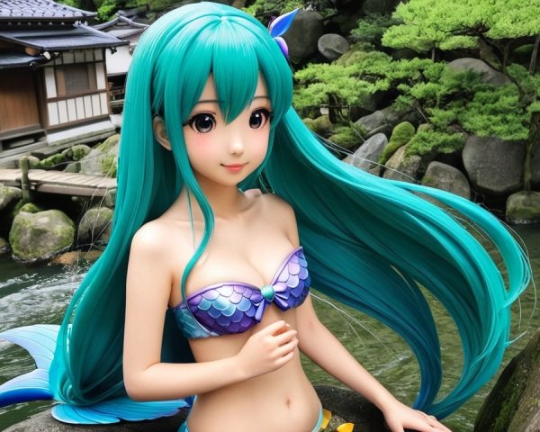 Vibrant Mermaid in Serene Japanese Landscape
