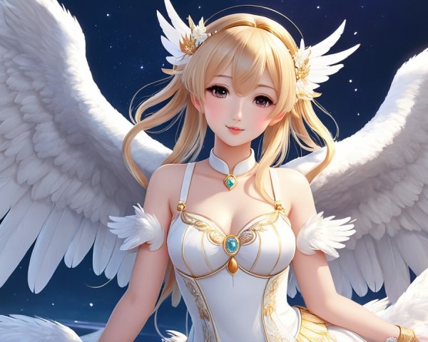 Mystical figure with white wings in starry night sky