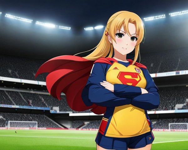 Animated Character in Superhero Outfit on Football Field