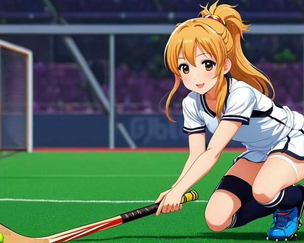 Young Female Athlete Playing Hockey on Green Field