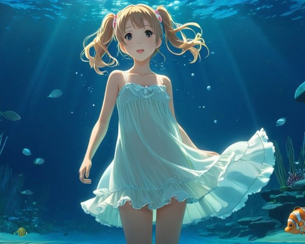 Underwater Scene of a Girl Swimming with Fish