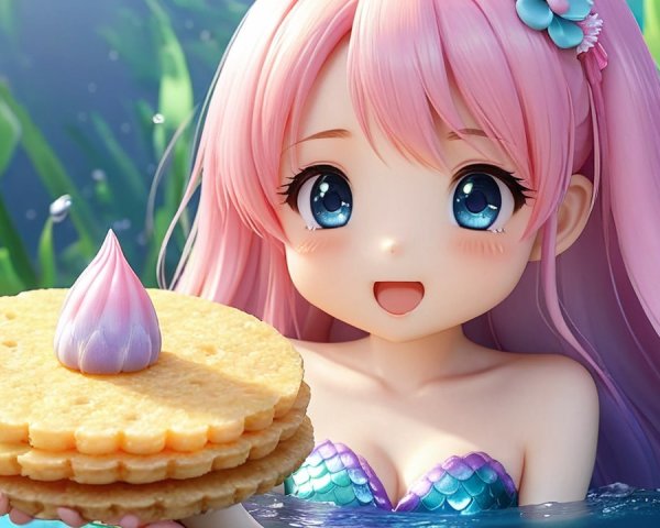 Cheerful character in pastel pink hair underwater scene