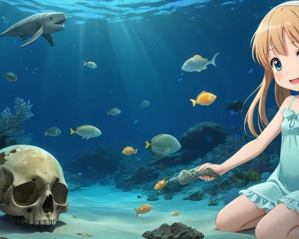 Young girl and fish on ocean floor with coral and skull