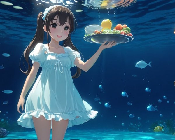 Cheerful girl underwater with fruit tray and fish