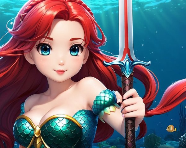 Anime-style Mermaid with Red Hair and Sword Underwater