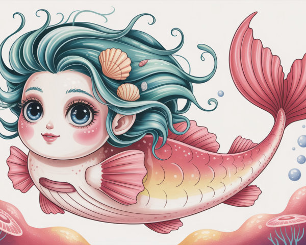 Chubby Mermaid Illustration with Aqua-Blue Hair