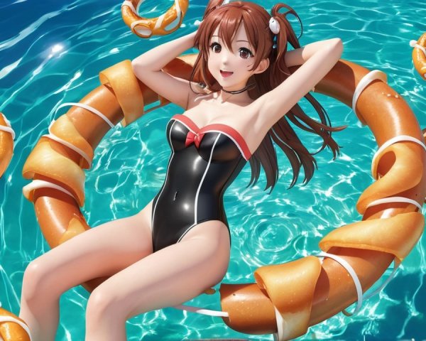 Cheerful Woman Relaxing on Lifebuoy in Pool