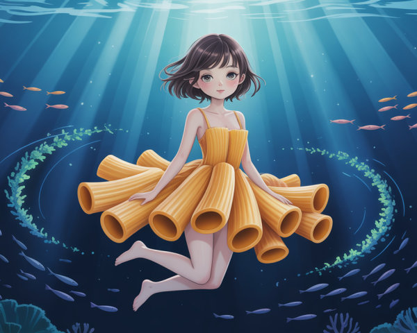 Young girl in macaroni pasta dress floating underwater