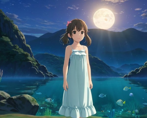 Young girl by tranquil lake under bright full moon