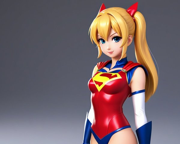 Stylized female superhero with vibrant outfit and ponytail