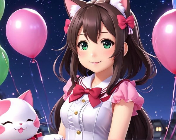 Cheerful girl with cat ears holding colorful balloons