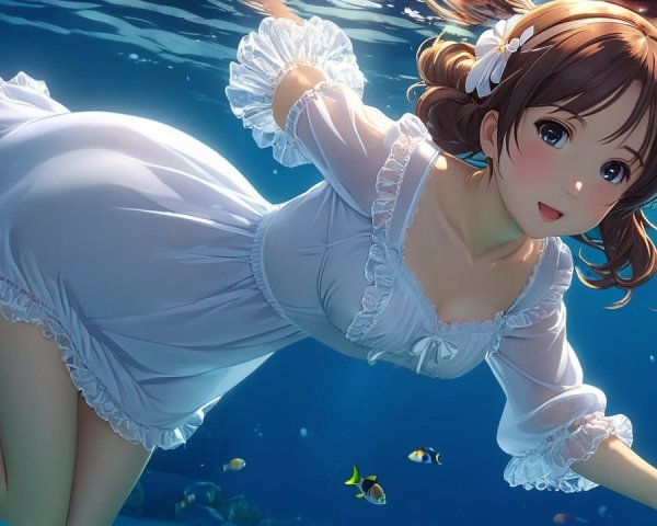 Underwater Scene with Girl in White Dress and Fish