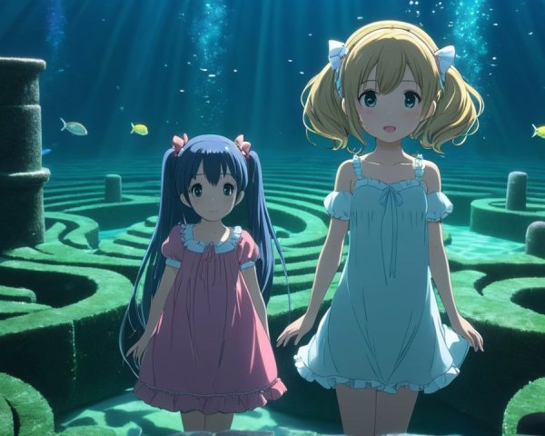 Underwater Scene with Two Girls and Ancient Pillars