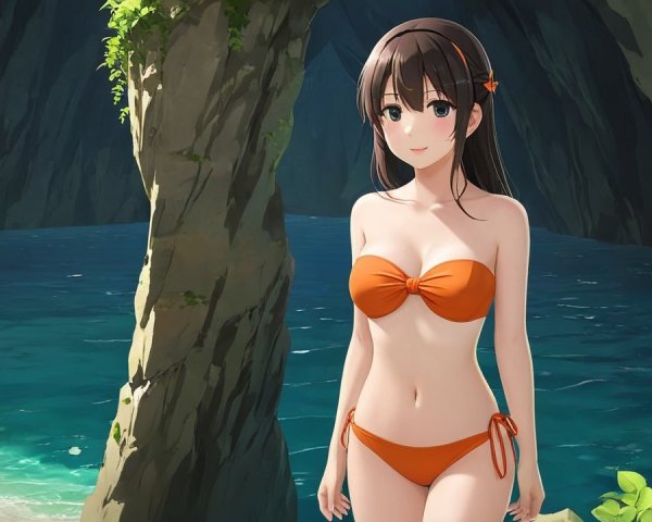 Character in a cave by turquoise water with foliage