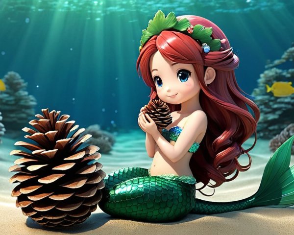 Whimsical Underwater Scene with Mermaid and Pinecones