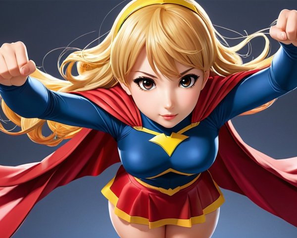 Stylized Female Superhero in Blue and Red Costume