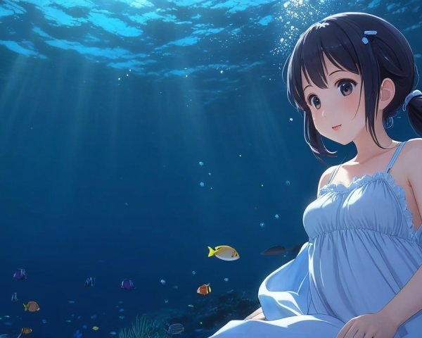 Underwater Scene with Girl in White Dress and Coral