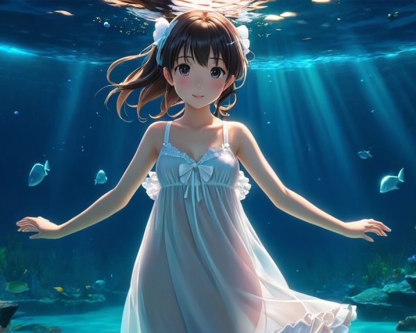 Young girl in white dress floating underwater with fish