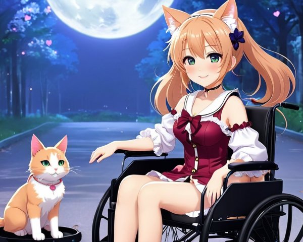 Young girl in wheelchair with cat ears and cat