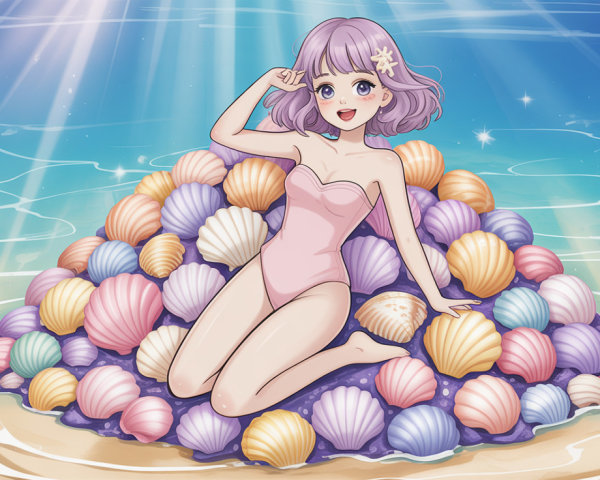 Anime Illustration of a Girl with Seashells and Swimsuit