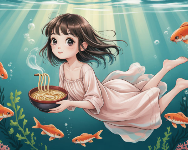 Anime-style underwater scene with girl and ramen bowl