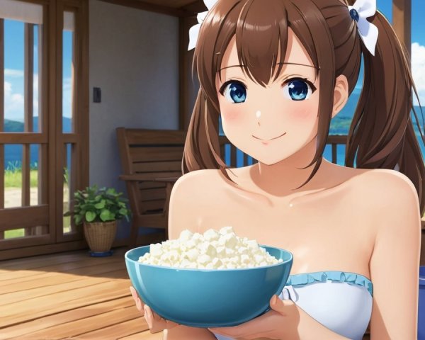Young Woman with Popcorn on Sunny Outdoor Porch