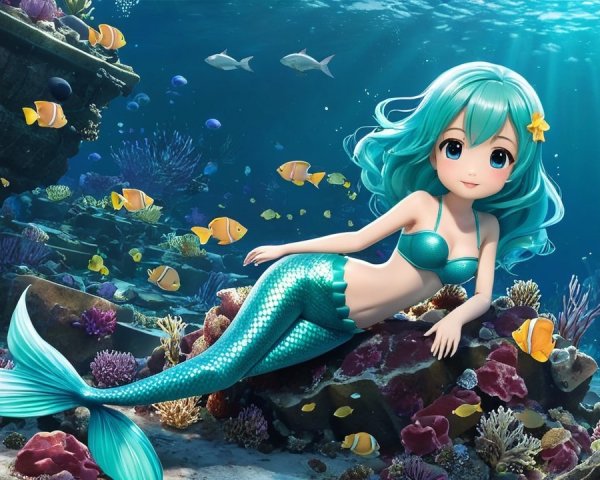 Whimsical Underwater Scene with Mermaid and Coral Reefs