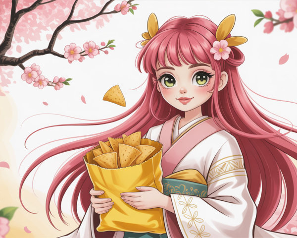 Anime Portrait of a Girl in Kimono with Nachos