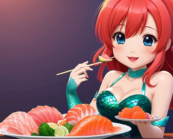 Anime Character with Red Hair Enjoying Sushi Feast