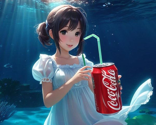 Animated girl in white dress underwater with fish