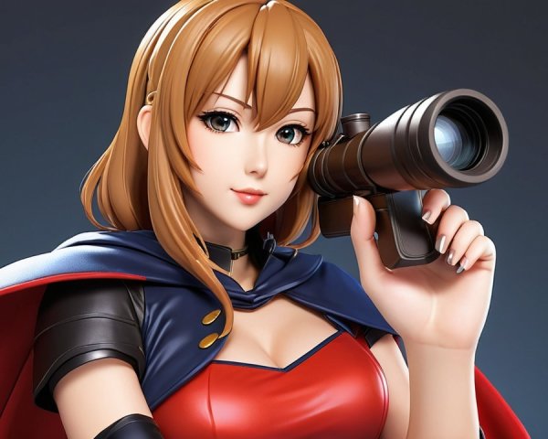 Stylized female character with camera in vibrant outfit