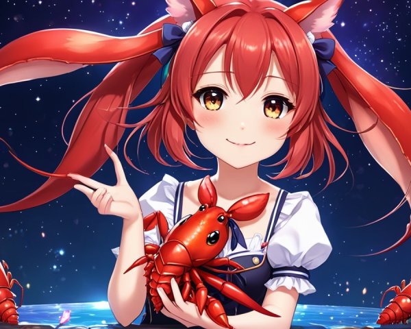 Cheerful girl with red hair and fox ears holding crab